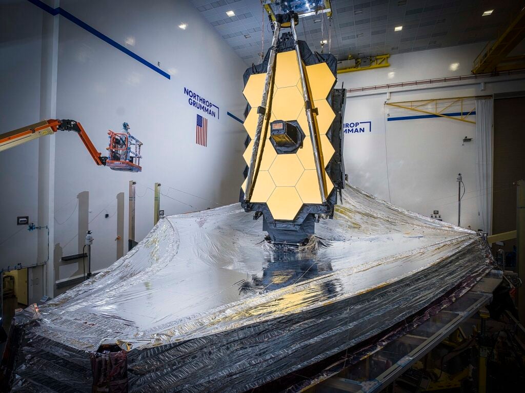 James Webb Space Telescope mirrors with sunshield attached at bottom